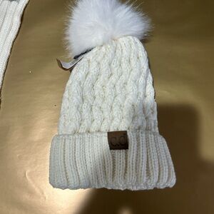 C.C Cream Knit Beanie with Fluffy Pom Pom